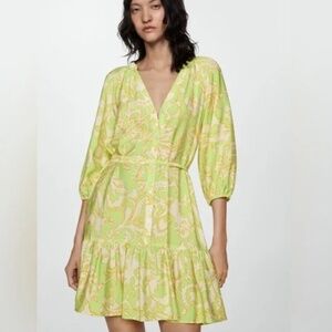 MNG by Mango Lime Green Floral Printed Bow Tiered V-Neck Dress Size US12 EUC